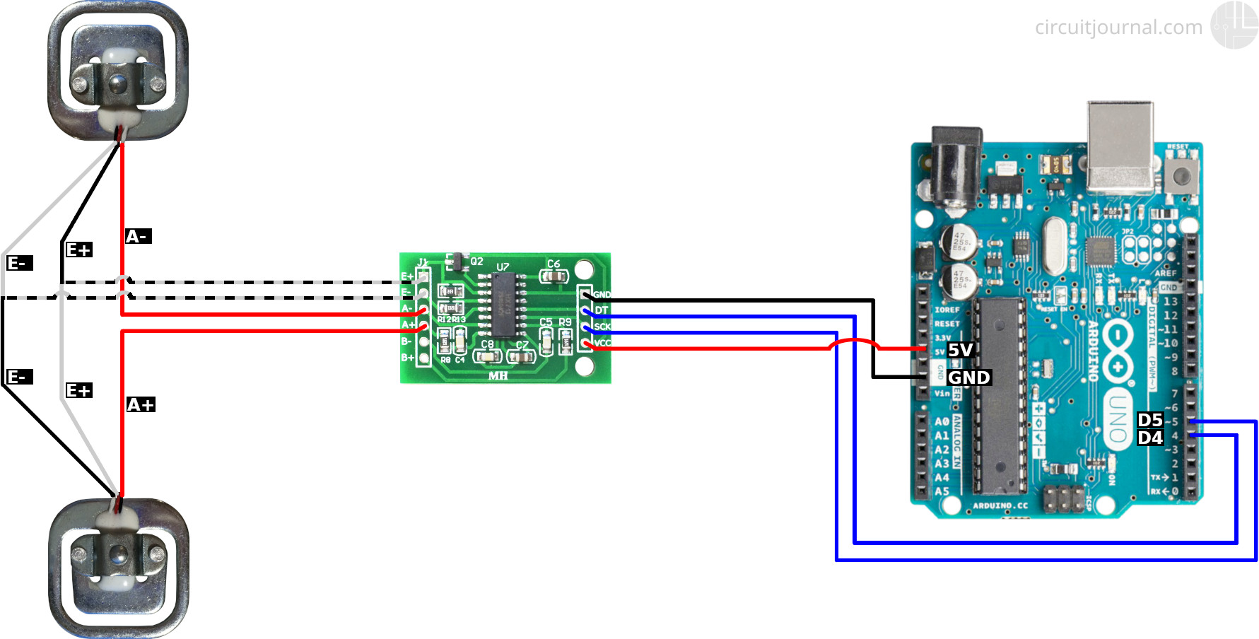 Connecting 2x50kg bathroom scale load cell modules to Arduino with the HX711 module