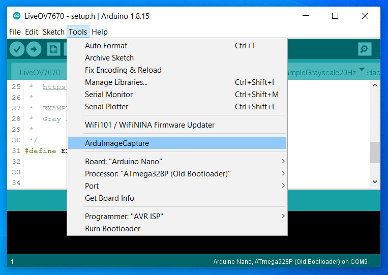 ArduImageCapture in the Arduino IDE tools menu