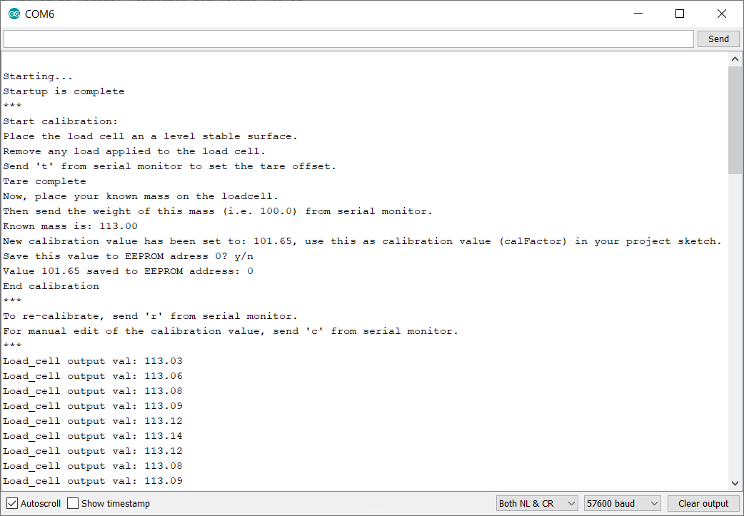 Load cell calibration in Arduino Serial Monitor