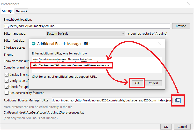 Arduino additional boards preferences