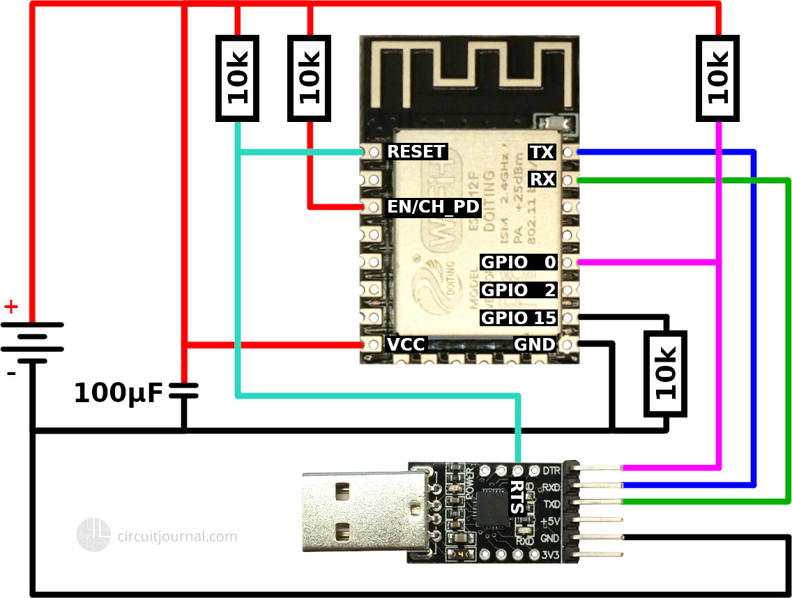 ESP-12E/ESP-12F USB-to-serial connection diagram
