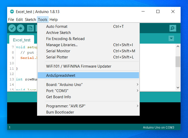 ArduSpreadsheet in the Arduino IDE tools menu