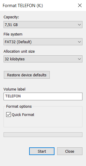 Formatting an SD card on Windows