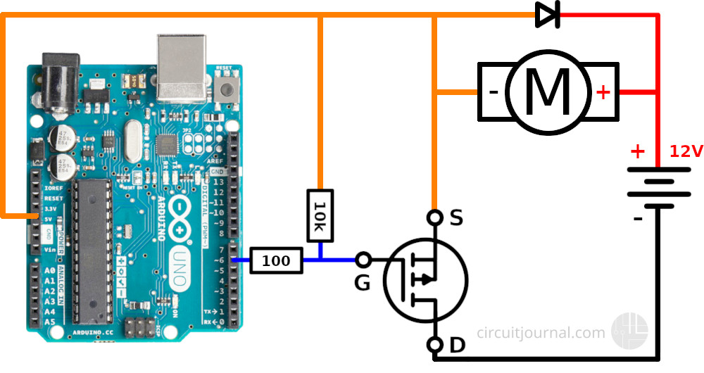 P-Channel MOSFET connection diagram. Connected on the GND side.