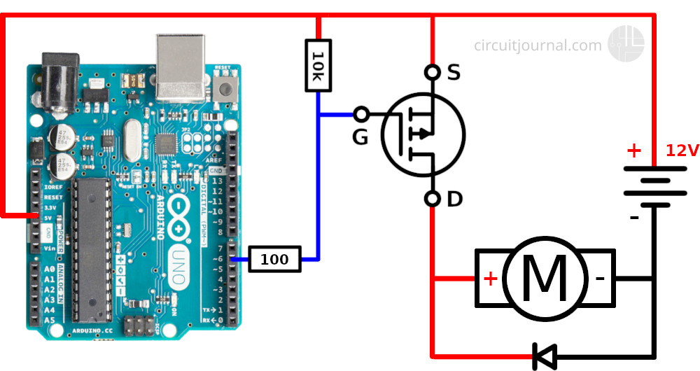 P-Channel MOSFET connection diagram. Connected on the VCC side.